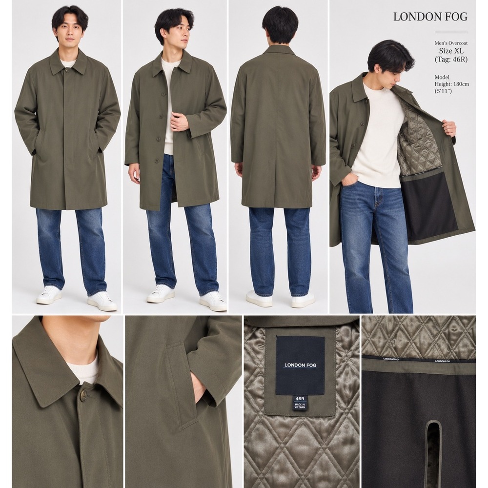 London Fog Mens Olive Green Car Coat Hidden Button Quilted Lining 46R